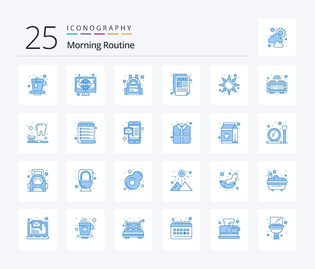 Morning Routine 25 Blue Color icon pack including alarm rise bag morning paper