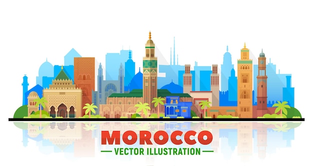 白い背景のパノラマとモロッコのスカイラインベクトル図近代的な建物とビジネス旅行と観光のコンセプトプレゼンテーションバナープラカードとWebサイトの画像