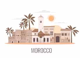 Vettore gratuito la composizione piana di viaggio turistico del marocco con la vista isolata dell'architettura tradizionale costruisce il cielo delle palme e l'illustrazione di vettore del testo