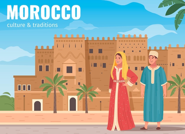 Free vector morocco touristic travel flat composition with traditional man and woman fortress and sky background with text vector illustration