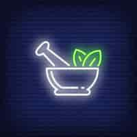 Free vector mortar, pestle and leaves neon sign