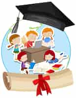 Free vector mortarboard hat with students doing homework