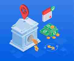 Free vector mortgage isometric concept with bank building key to house banknotes and coins on blue background 3d vector illustration