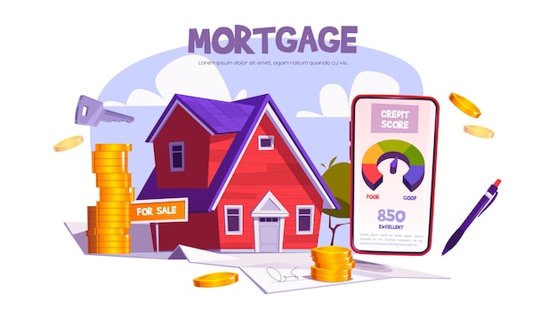 Бесплатное векторное изображение Ипотека, кредит на покупку жилья. мобильное приложение с кредитным рейтингом для покупки или строительства недвижимости.