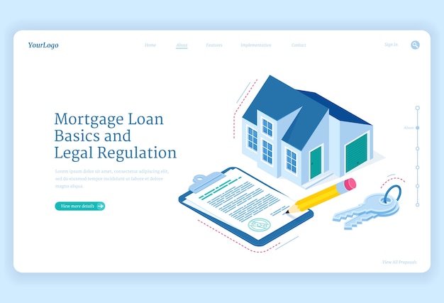 Free vector mortgage loan regulation isometric landing page. cottage house with key and contract document for sign. hypothec debt basic and legal adjustment, personal bank credit for buying home, 3d web banner