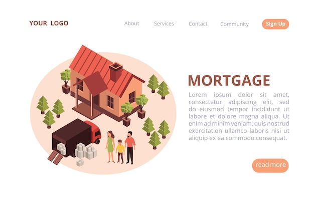 Free vector mortgage web banner isometric website with round illustration