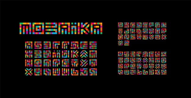 Мозаика украинский, английский и русский алфавит. дизайн типографии лабиринт. творческий стиль искусства вектор латинскими буквами из квадратов.