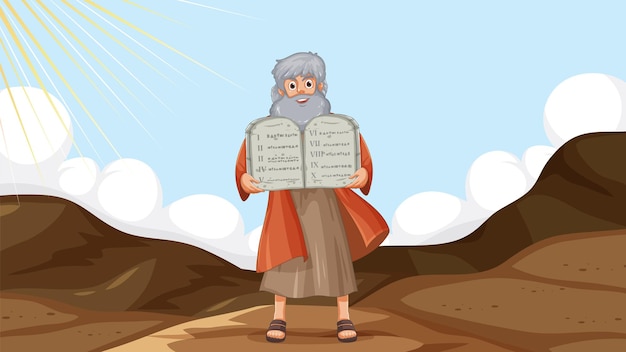 Moses cartoon character holding ten commandments religious bible story