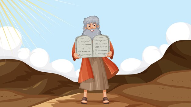Moses Cartoon Character Holding Ten Commandments Religious Bible Story