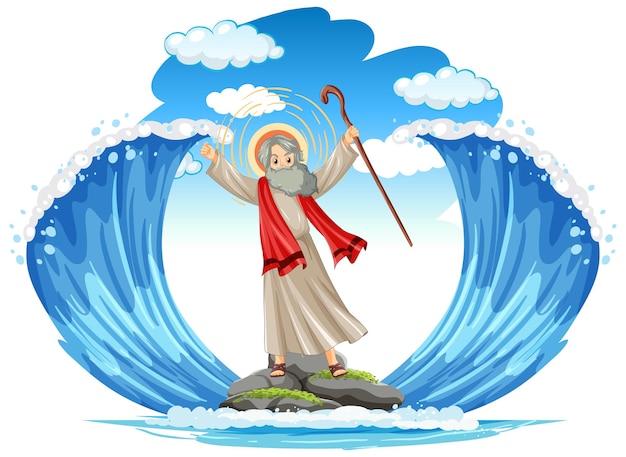 Free vector moses cartoon character with red sea background