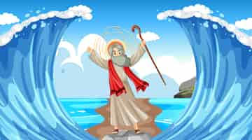 Free vector moses cartoon character with red sea background