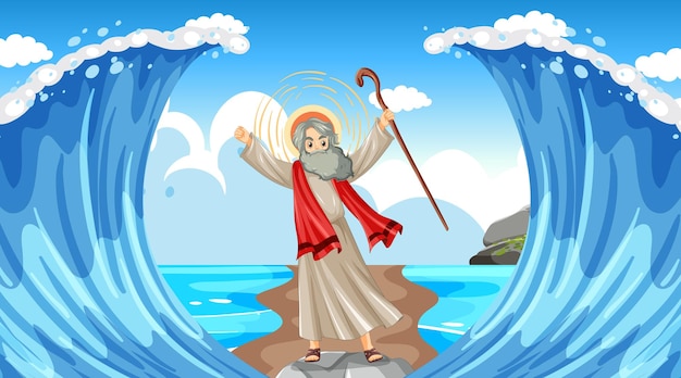 Moses cartoon character with red sea background