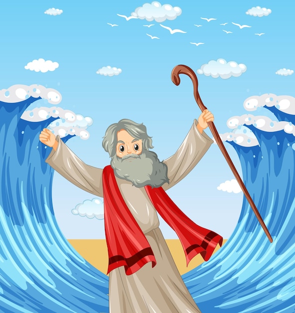 Vettore gratuito personaggio dei cartoni animati di mosè con sfondo del mar rosso