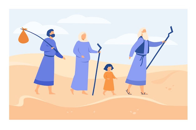 Free vector moses leading israelites across desert towards promised land flat vector illustration. christian ancient prophet showing way through sands to characters. bible narratives and religion concept