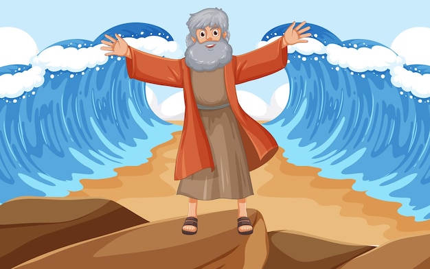 Free vector moses parting the sea a vector cartoon illustration