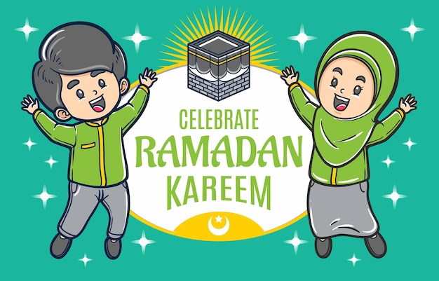 Moslem kids celebrate ramadhan mubarak illustration