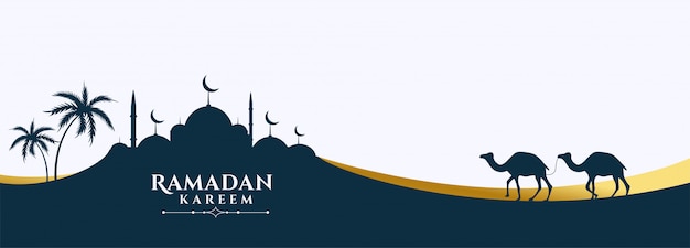 Free vector mosque and camel scene ramadan kareem banner