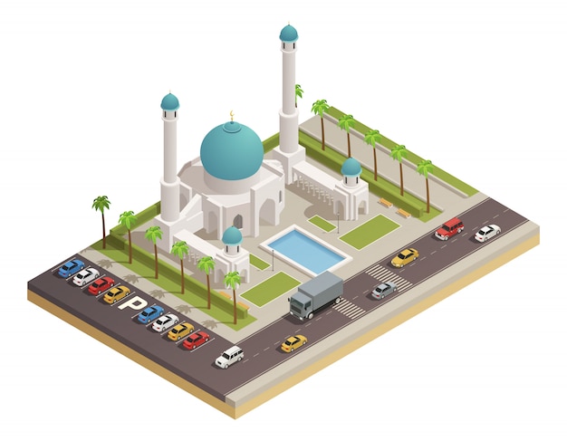 모스크 이슬람 추종자 예배당 건물 돔 및 첨탑 및 인접 도로