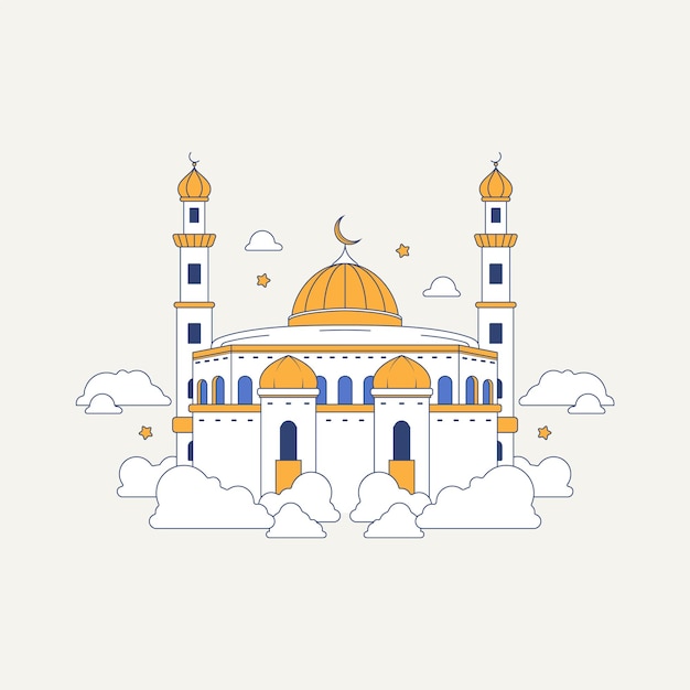 Free vector mosque surrounded by clouds arabian islamic illustration vector element background