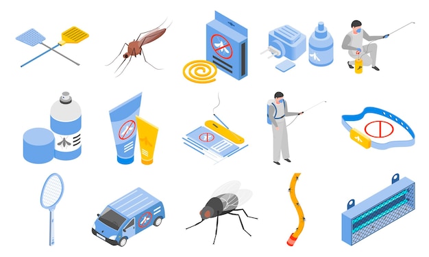 Mosquito protection icons set with insect repellents symbols isometric isolated vector illustration