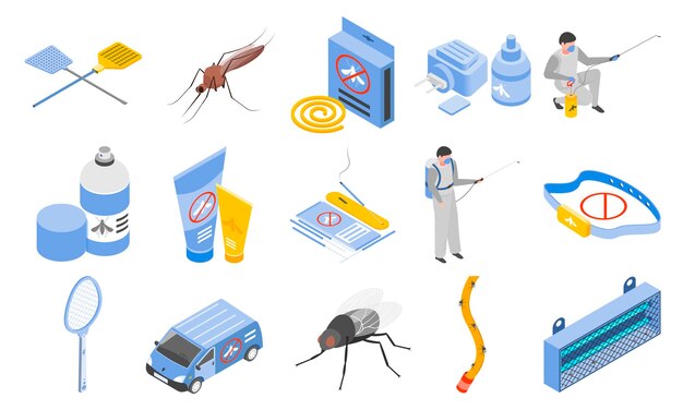 Иконки защиты от комаров с репеллентами символов изометрической изолированной векторной иллюстрации