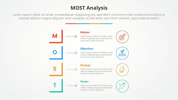 most analysis infographic concept for slide presentation with modified square shape vertical stack with 4 point list with flat style
