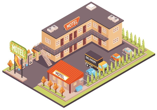 Motel color concept with parking for cars and facilities isometric