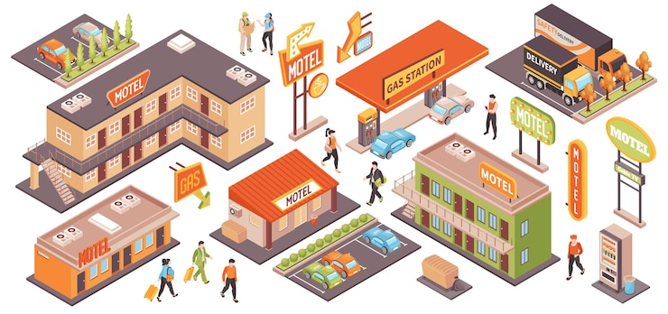 Free Vector motel color set with parking and gas station isometric isolated vector illustration