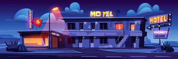 Motel alla facciata dell'edificio lungo la strada dell'autostrada di notte