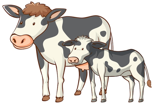 無料ベクター 白い背景の上の母と赤ちゃんの牛の動物の漫画