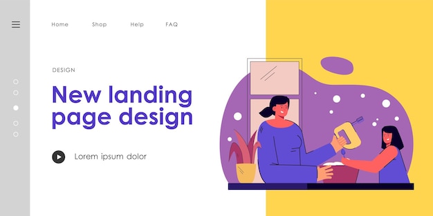 母と娘が一緒に料理をします。ミキサーでクリームを打つ女性キャラクター。スプーンを持っている少女。両方とも笑顔。バナー、ウェブサイトのデザインまたはランディングウェブページの家族の境界の概念