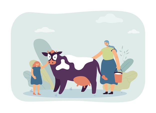 無料ベクター 母と娘の乳牛。ミルクのバケツを持つ女性、乳房フラットベクトルイラストで家畜をなでる女の子