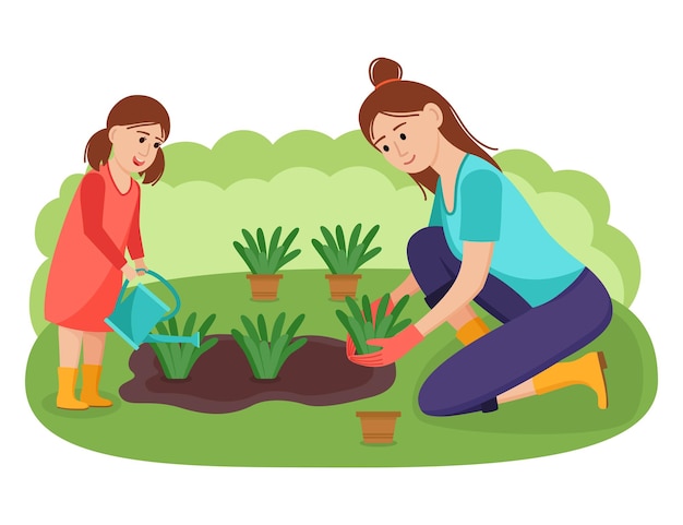 Мать и дочь сажают цветы в саду, векторные иллюстрации