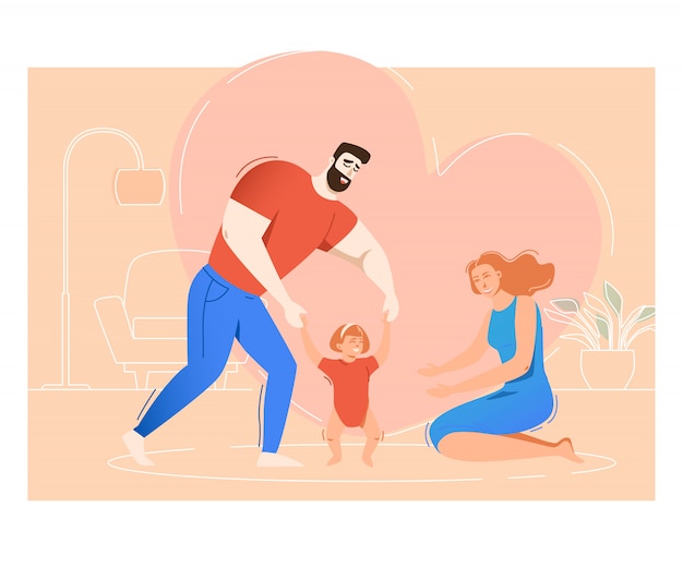 Бесплатное векторное изображение Мать и отец учат дочь ходить