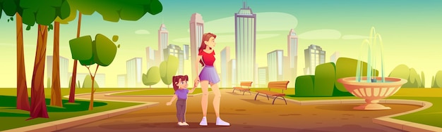 어머니와 어린 딸이 도시 공원에서 산책