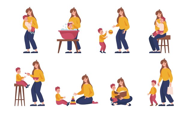 Набор векторных иллюстраций персонажей мультфильмов матери и ребенка. Мама заботится о маленьком сыне, женщина играет с ребенком, купает малыша на белом фоне. Семья, концепция материнства