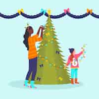 Free vector mother and child decorating christmas tree