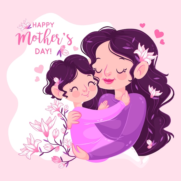 Мать и дитя обнимаются и держат ветку цветов