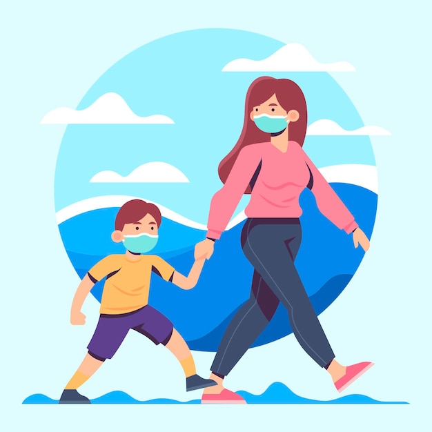 Free vector mother and child walking with medical masks