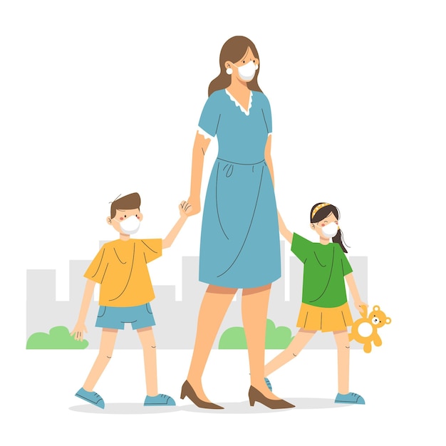 Free vector mother and children wearing protection masks