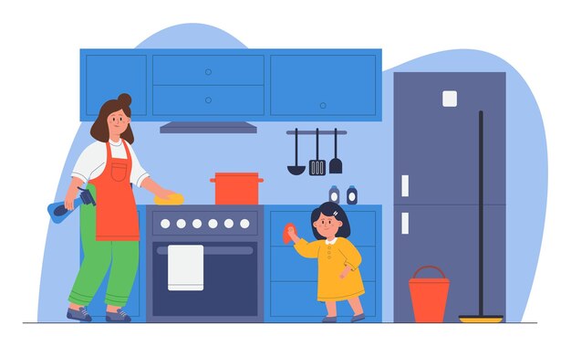 母と娘のクリーニングキッチンフラットベクトルイラスト。小さな子供が親を助け、モップでほこりを拭きます。自宅で洗剤でストーブを掃除する女性。母性、家族の家事の概念
