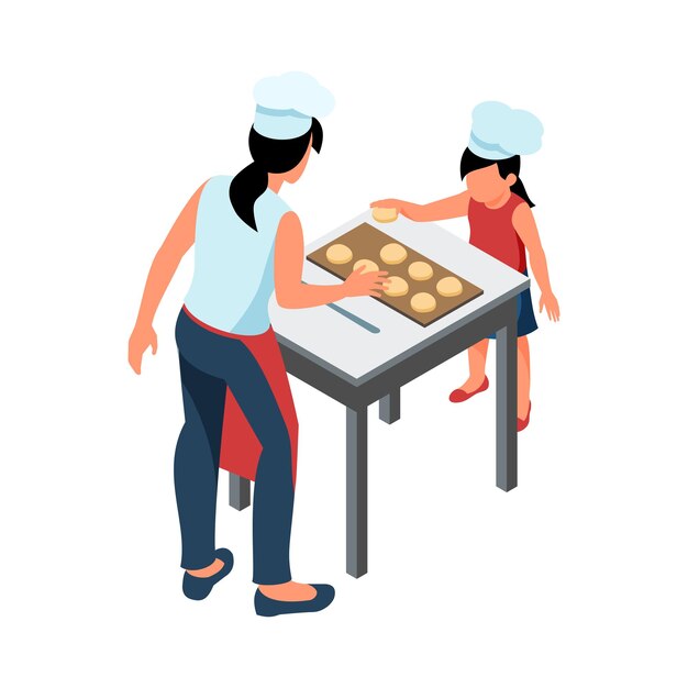 Mother and daughter cooking together in kitchen isometric