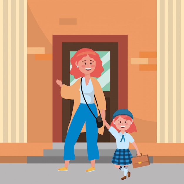 Free vector mother and daughter going to school