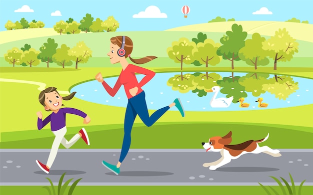 Mother and daughter jogging with cute dog in the park, along the lake.  motherhood child-rearing.