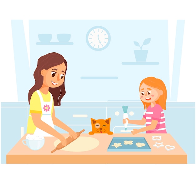 Mother and daughter make cookies together on the kitchen. home illustration