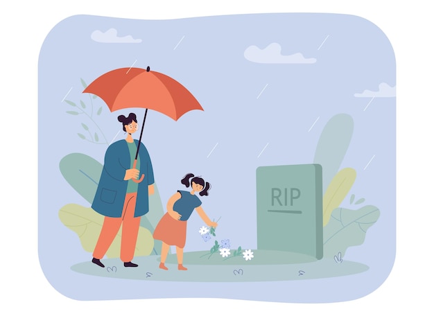 Mother and daughter standing at headstone under umbrella in rain. little girl putting flowers on grave flat vector illustration. grief, death, family concept for banner, website design or landing page