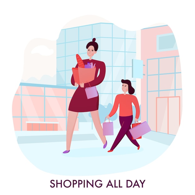 Free vector mother and daughter with purchases