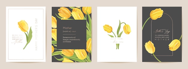 母​の​日​花​の​春​の​ポスト​カード​。​現実的​な​チューリップ​の​花​の​テンプレート​、​モダンな​花​の​背景​を​挨拶します​。​黄色​の​花束​の​ベクトル図​です​。​ママ​と​子​の​カード​、​母親​の​ため​の​モダンな​夏​の​パーティー​の​デザイン
