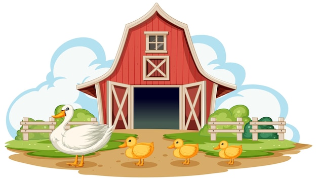 Free vector mother duck and ducklings at the barn