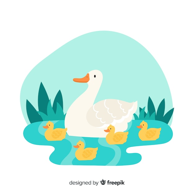 Free vector mother duck and her ducklings together on water